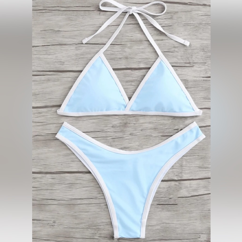 ROMWE Women’s Contrast Piping Halter Top High Leg Tie Bikini - blue, size L